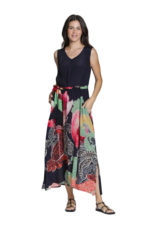 APNY Sleeveless Border  Print  V-Neck Long Tank Dress (Red Multi (BL-14p/C-645d/NC)