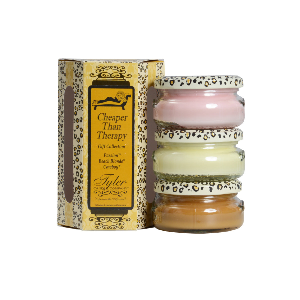 Cheaper Than Therapy Gift Set Includes

3-3.4 oz Candles in Beach Blonde, Cowboy and Passion 
All in a Decorative Gift Box