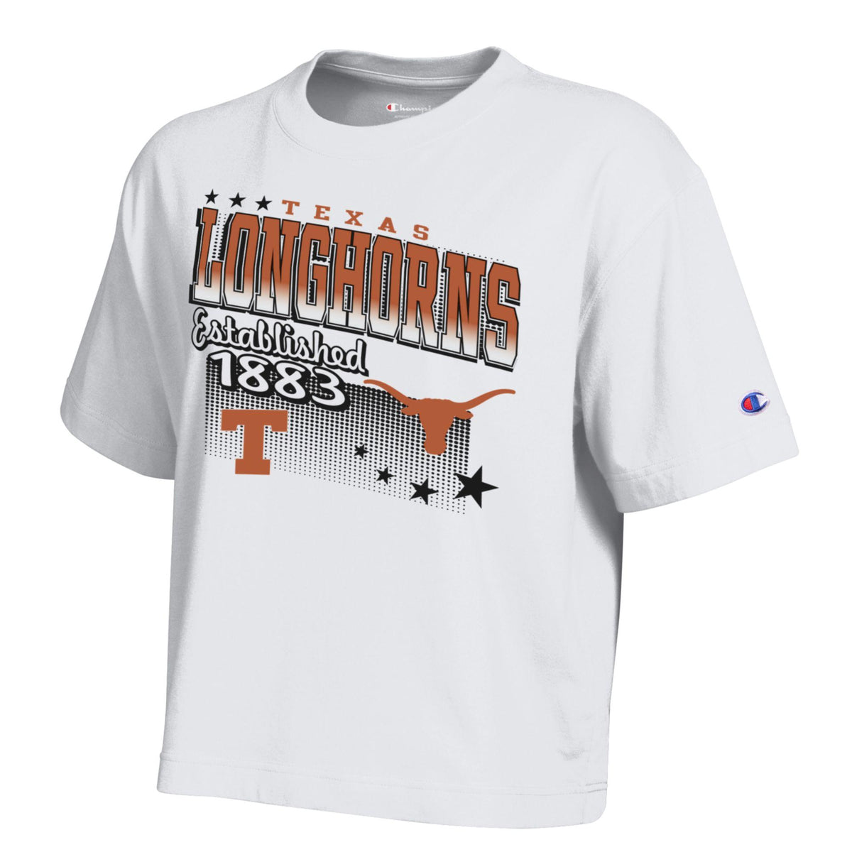 Texas Longhorn Ladies Slant Stars Longhorn Crop Tee (White)(C61500005-683)