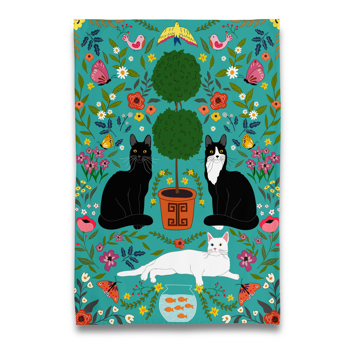Naked Decor Cat Trio with Topiary & Florals Tea Towel