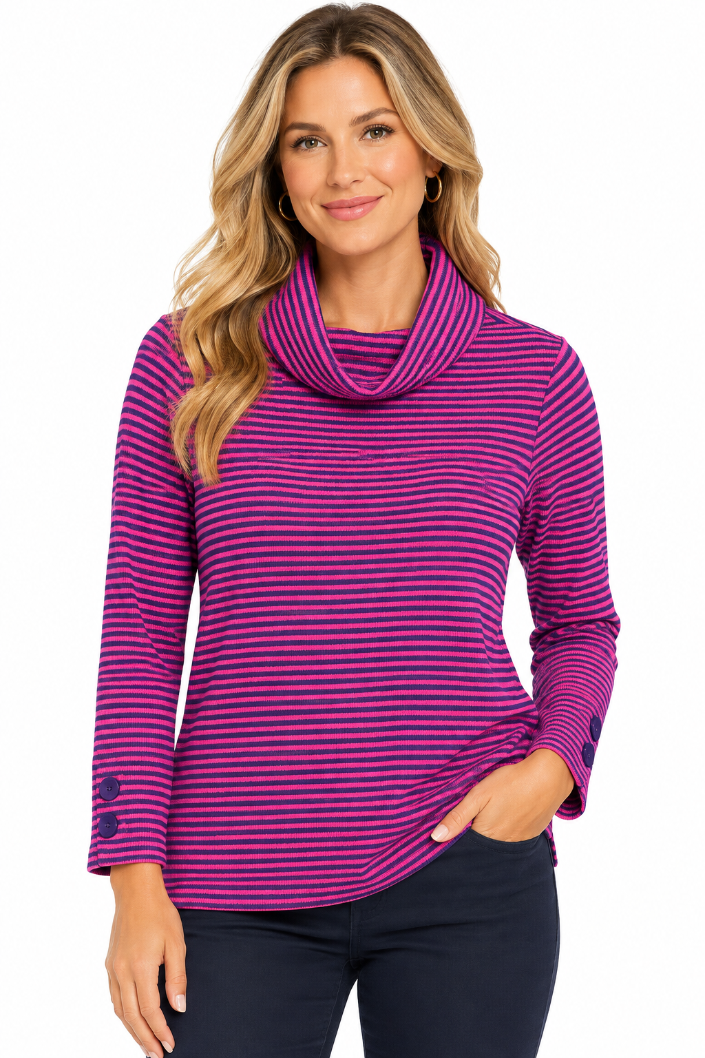 Multiples Long Sleeve Loose Knit Turtleneck with Side button Vent (M46503TM)(Eggplant)