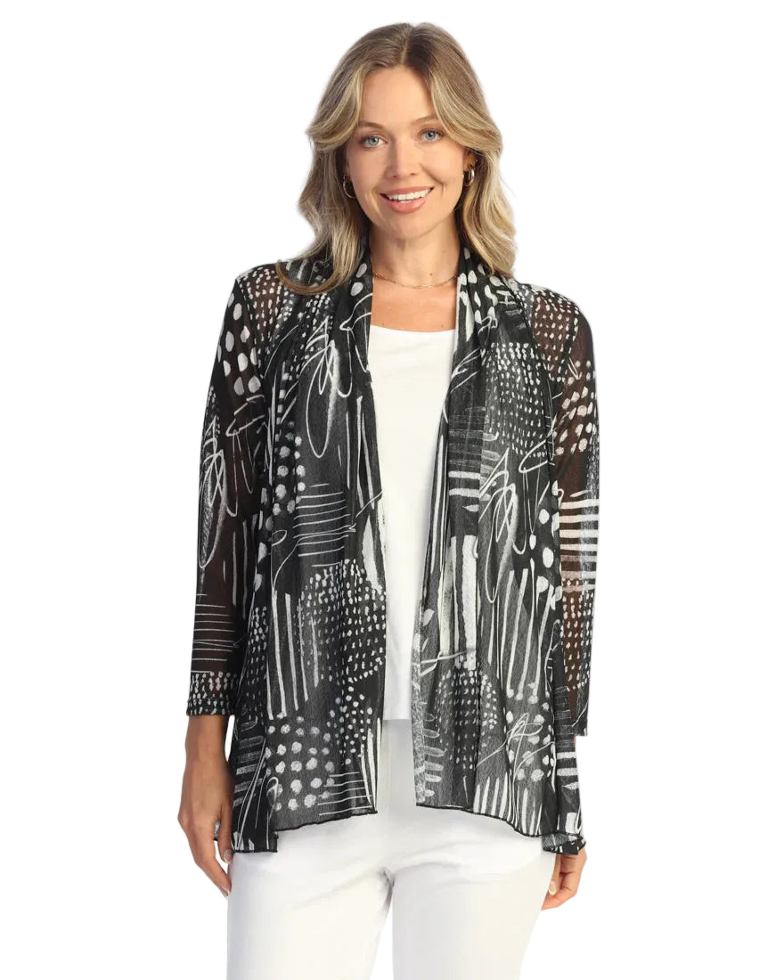 Jess & Jane Zippy Crepe Mesh Drape Cardigan  (CM3-2198)(Black/White)