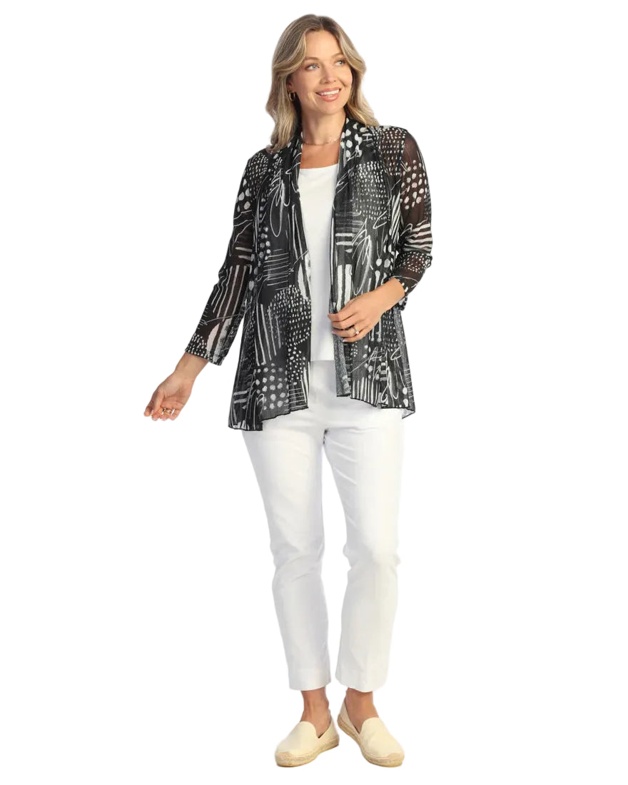 Jess & Jane Zippy Crepe Mesh Drape Cardigan  (CM3-2198)(Black/White)