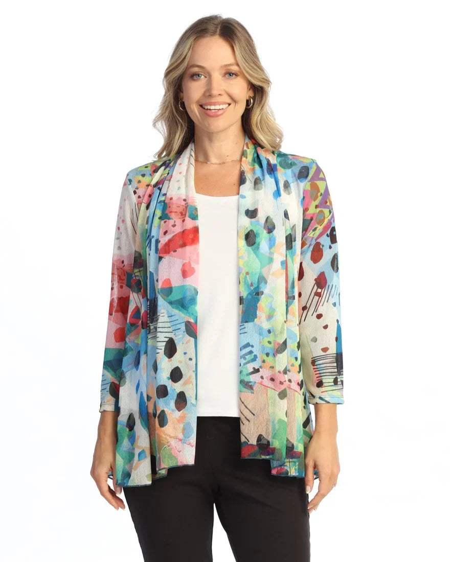 Jess & Jane Mod Crepe Mesh Drape Cardigan  (CM3-2206)(Multi)