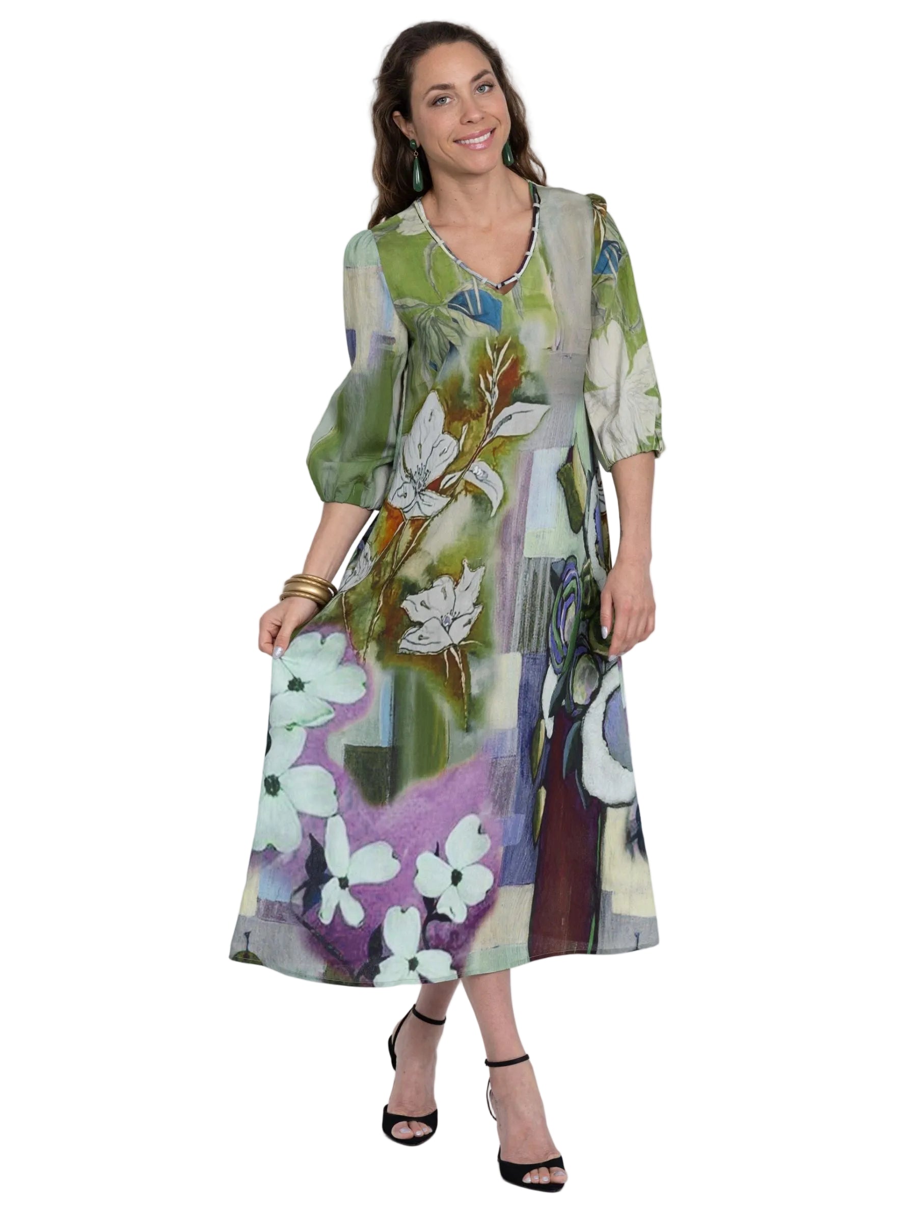Lior Midi Length Dress With Scrunch Back Detail (Cairo-7-AR) (Olive Green Floral)