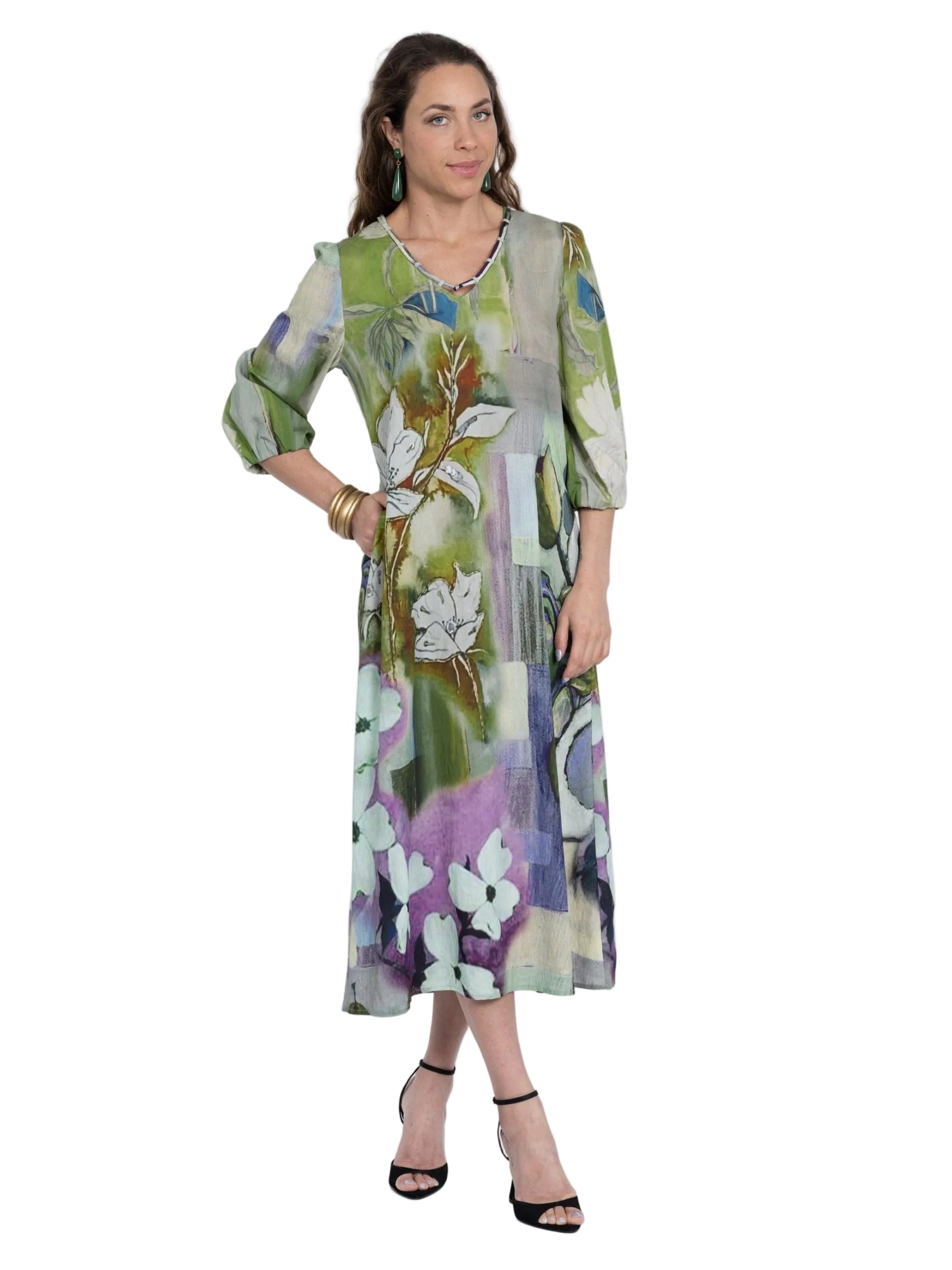 Lior Midi Length Dress With Scrunch Back Detail (Cairo-7-AR) (Olive Green Floral)