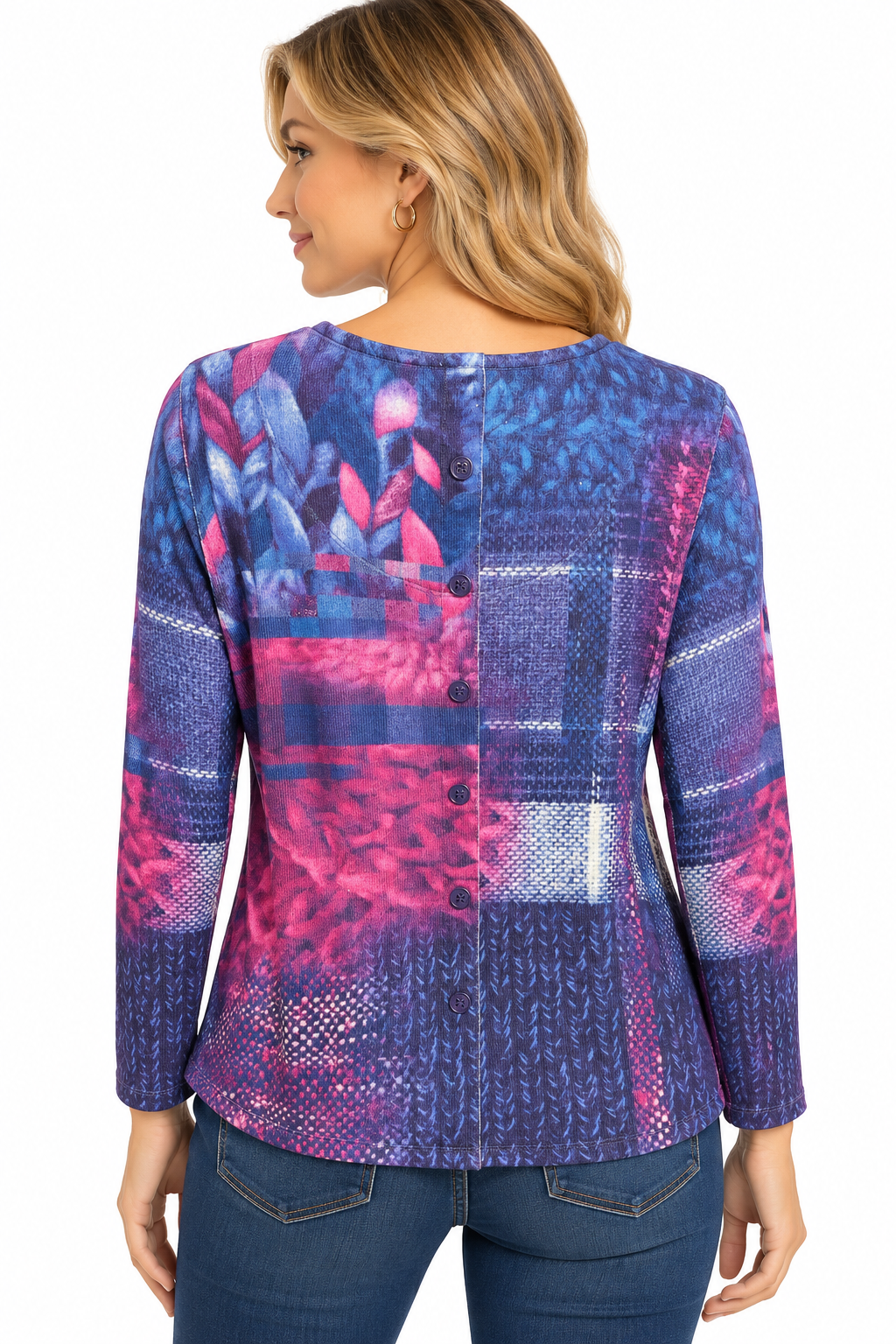 Multiples Petite Long Sleeve Scoop Neck Rhinestone and Faux Button Back Knit Top (M46510TP)