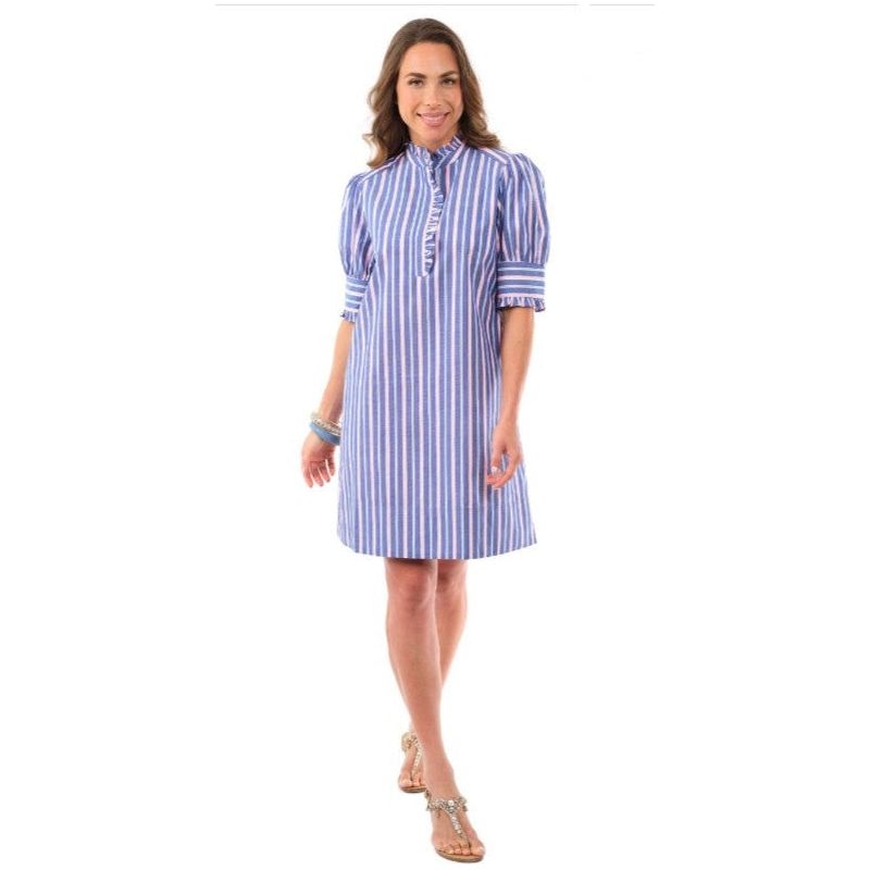 Lior Blue & Pink Ruffle Stripe Short Dress