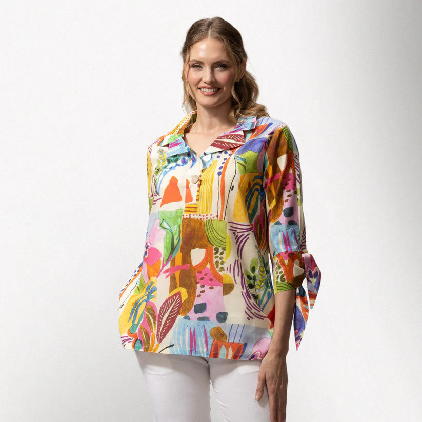 Toofan Bright Print Wire Collar Sleeve Tie Detail Pull-Over Shirt