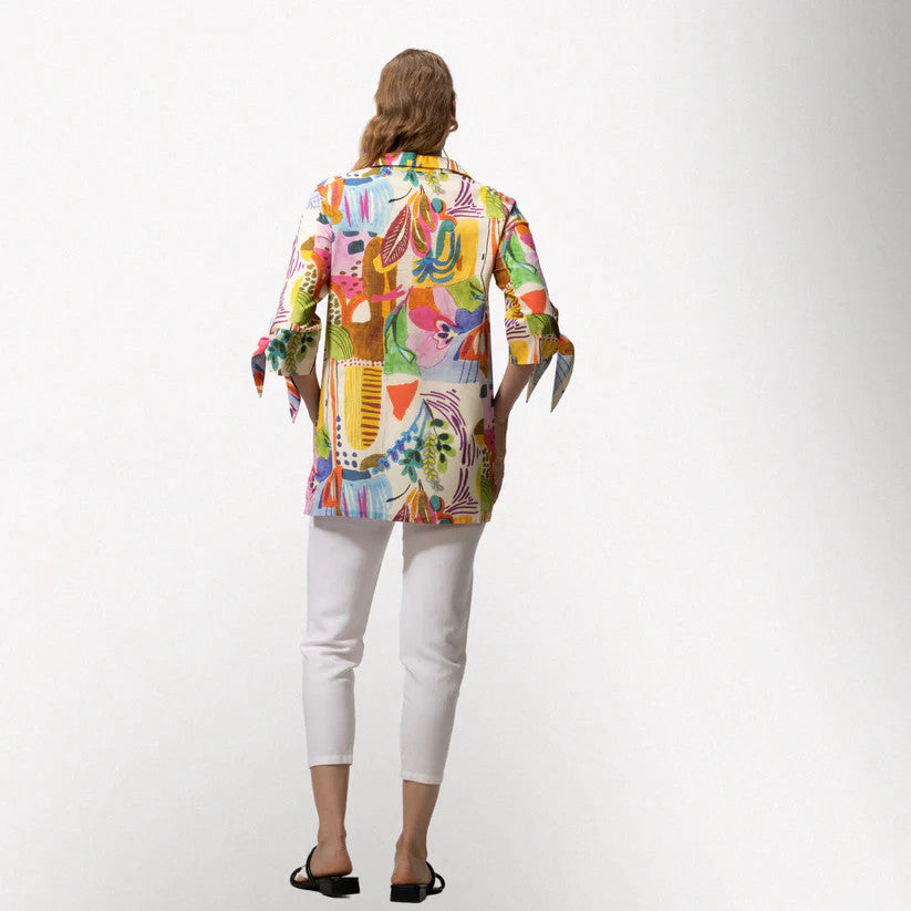 Toofan Bright Print Wire Collar Sleeve Tie Detail Pull-Over Shirt
