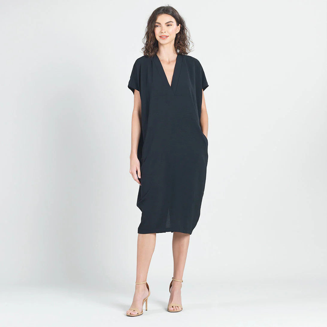 Clara Sun Woo V-Neck Solid Black Loose Fit Pocket Dress