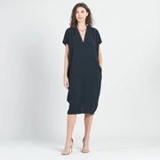 Clara Sun Woo V-Neck Solid Black Loose Fit Pocket Dress