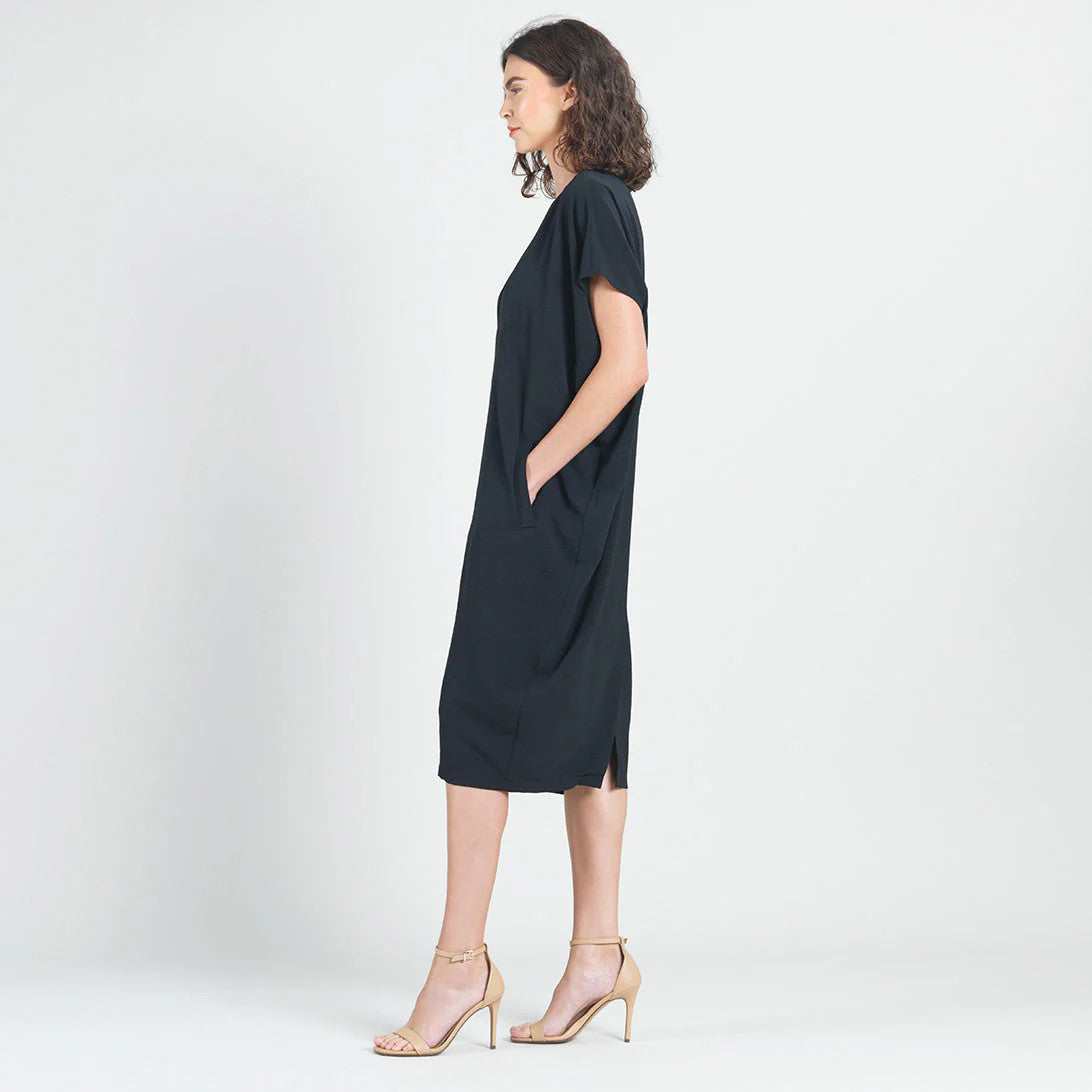 Clara Sun Woo V-Neck Solid Black Loose Fit Pocket Dress