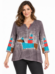 Shana Slub Fine Gauge Knit V-neck pop-over Top (26729-Dog)