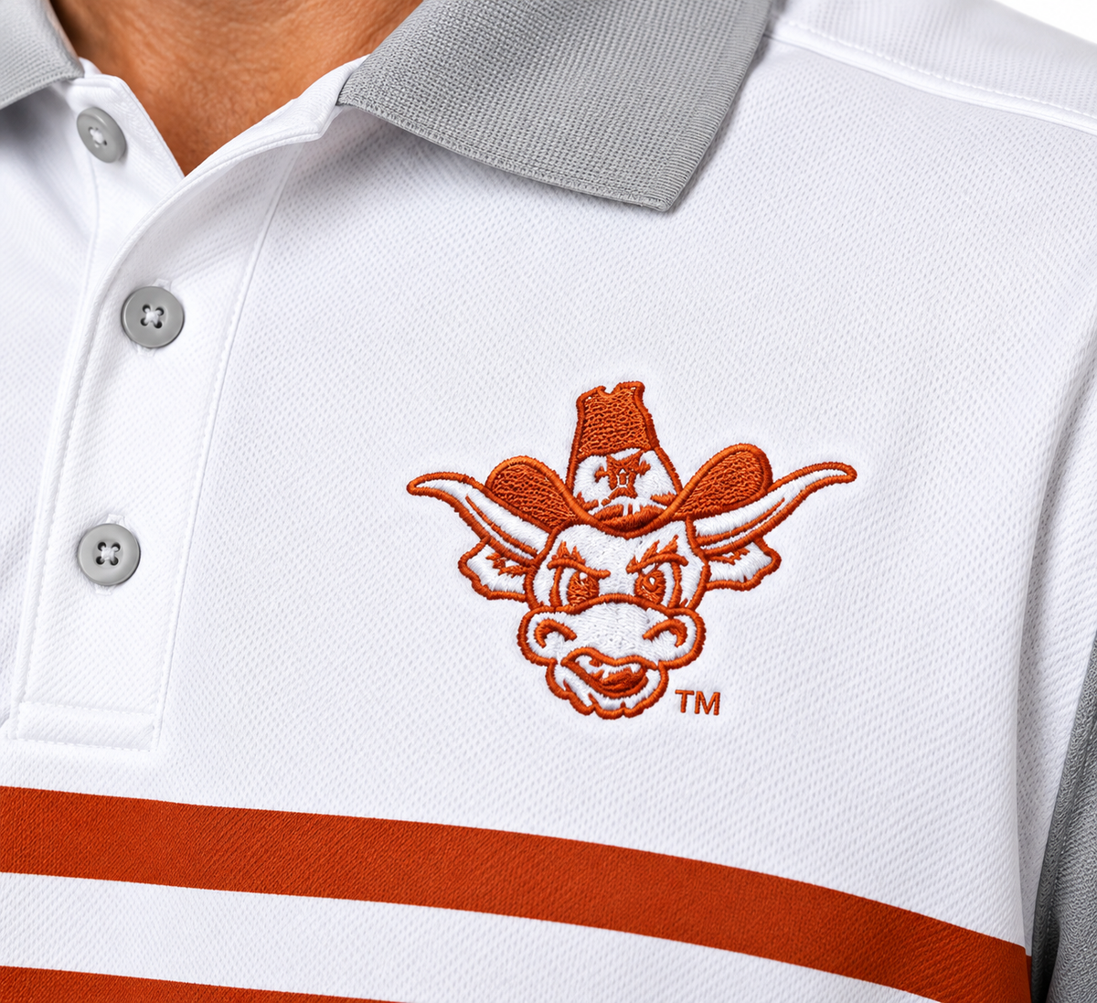Texas Longhorn Nike Men's Vapor Stripe Vintage Bevo Polo (WHT/ORNG/GRY)(00HT-0DT4-TXV-7LH)