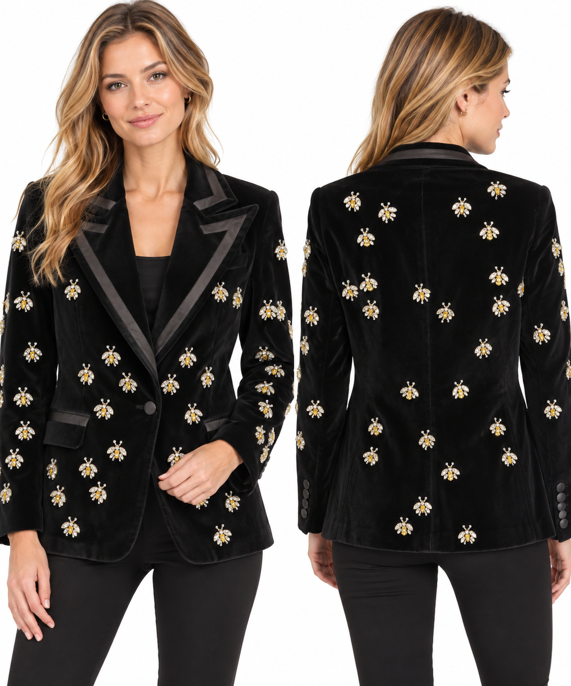 A.Z.I. Velvet Tuxedo Style Jacket With All Over Beaded Bee Design (Z13276) (Black)