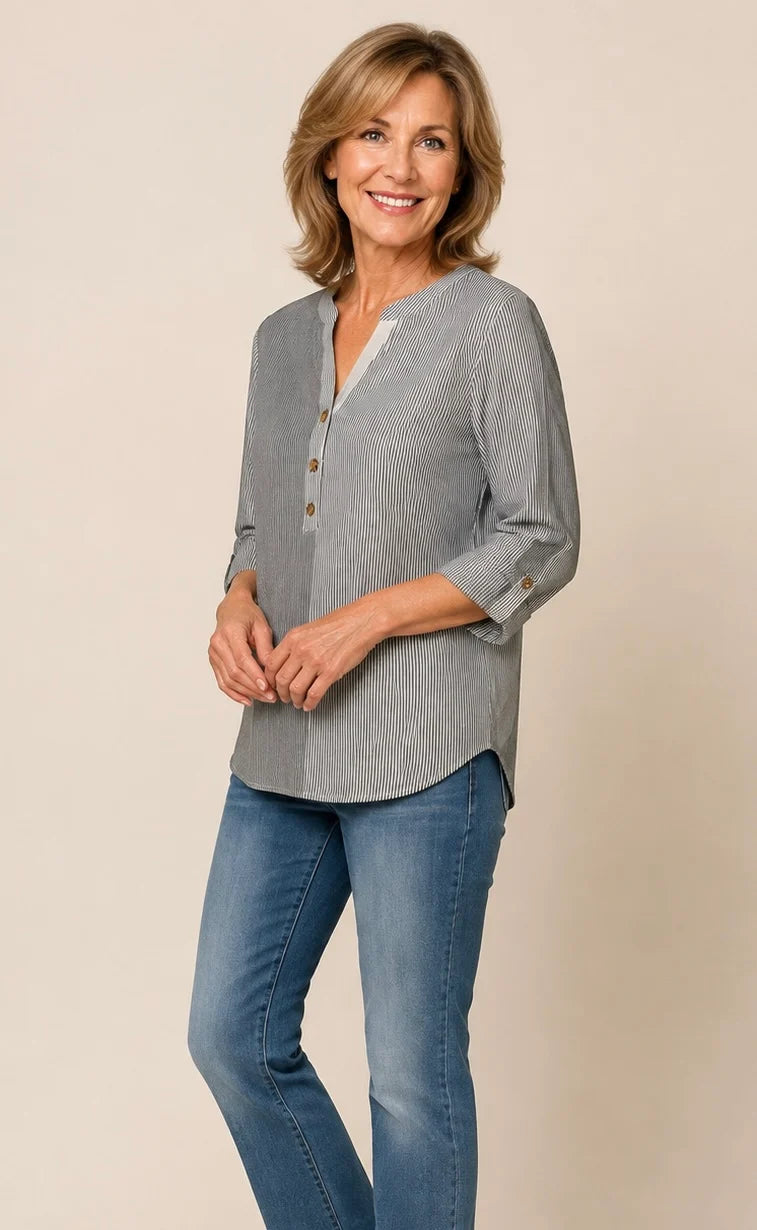 Multiplies Petite Y-neck Mixed stripes Tab 3/4 Sleeve Popover Top (M36401TP) (Black Stripe)