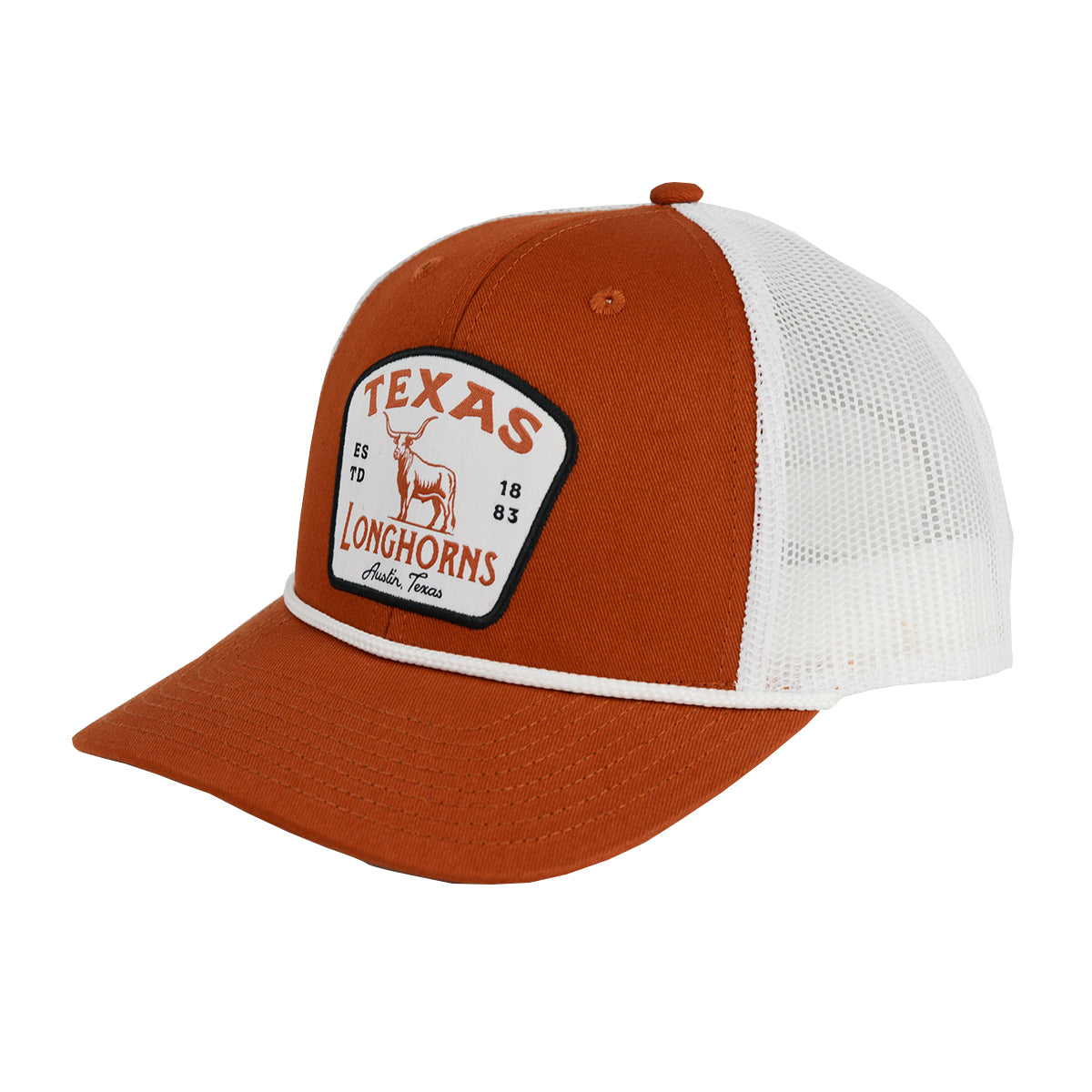 The Game Script Austin Texas 1883  & Bevo Texas Trucker Cap (G199R-V00109)(Burnt Orange White)