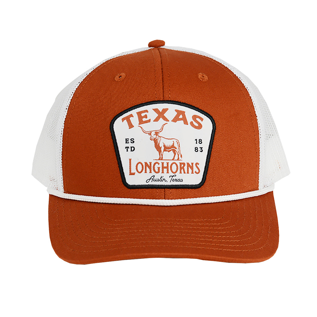 The Game Script Austin Texas 1883  & Bevo Texas Trucker Cap (G199R-V00109)(Burnt Orange White)