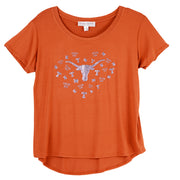 Texas Longhorn Flying Colors Ladies Scarlet Scoop Neck Glitter Tee (BurntOrange)