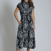 APNY Tie Front Sleeveless Batik print  Long Dress (T105P/C-481DCT)(Black Natural