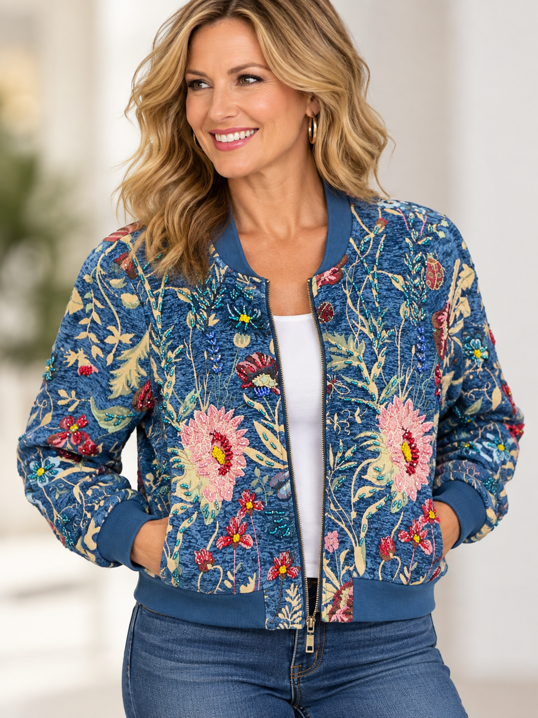 A.Z.I. Alisha Embellished Floral Zip Front Jacket (Z13674)(Denim)