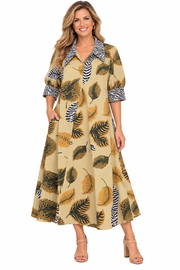 Lior Amber Safari Leaf  Print Point Collar Dress (Khaki)(Amber-29)