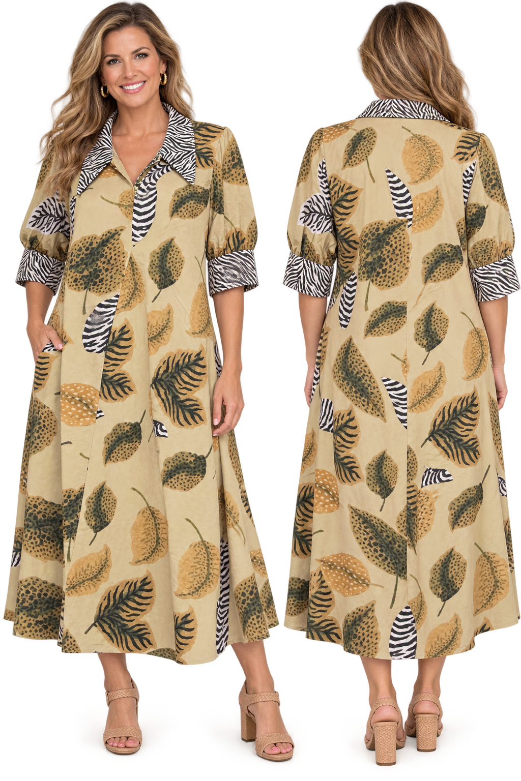 Lior Amber Safari Leaf  Print Point Collar Dress (Khaki)(Amber-29)
