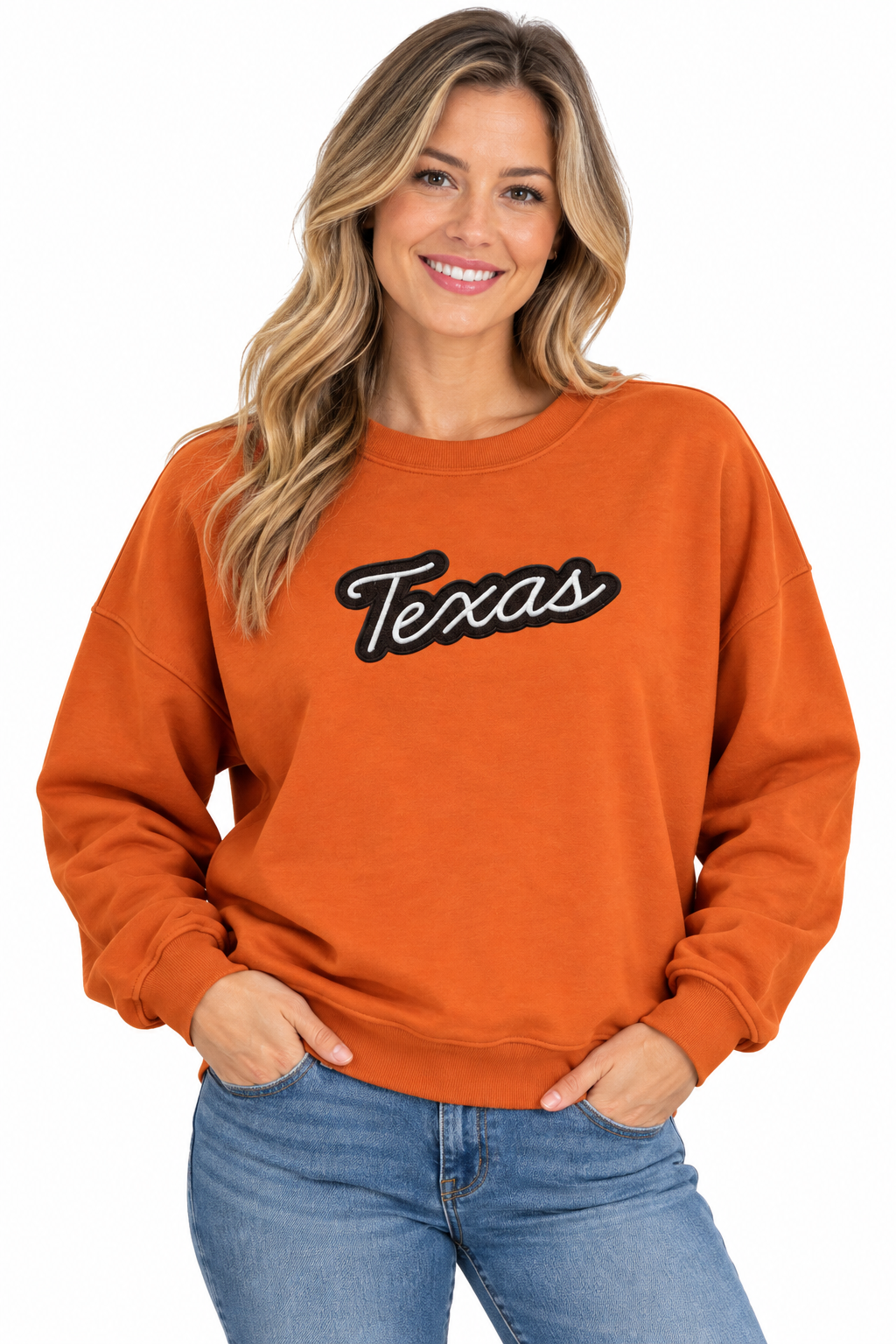 Texas Longhorn Ladies Glitter Power blend Fleece Script Texas Appliqued Crew (S650475-685)(Burnt Orange)