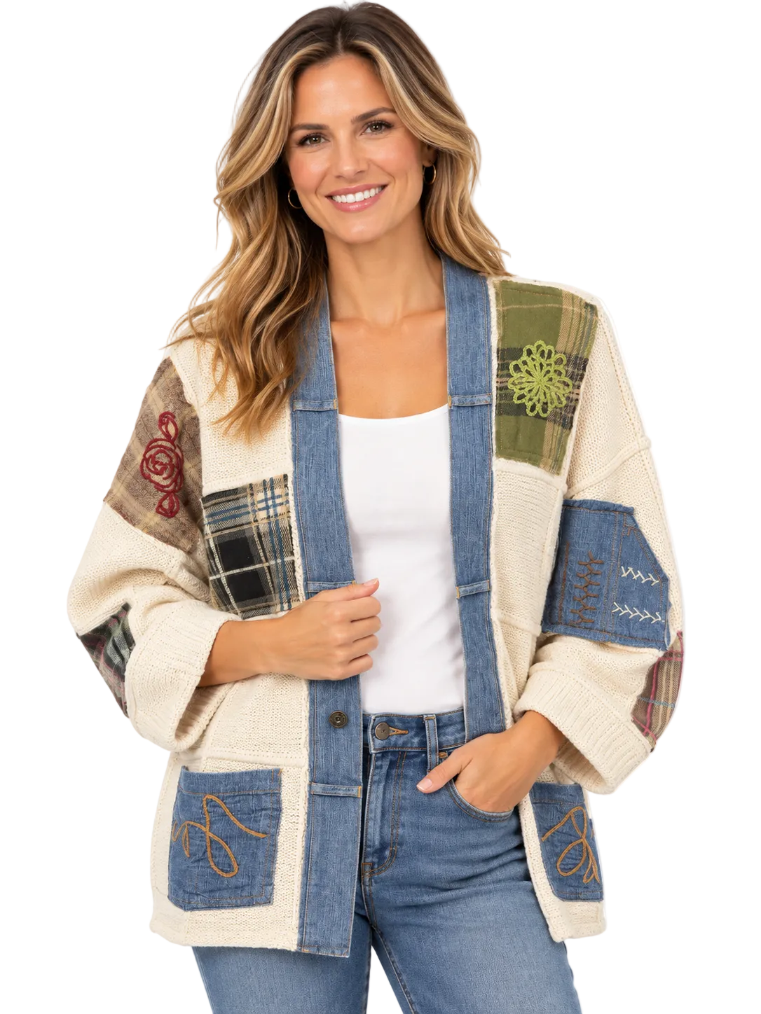 John Mark Knit Patchwork Shawl Neckline Sweater (J46530JM) (Multi)