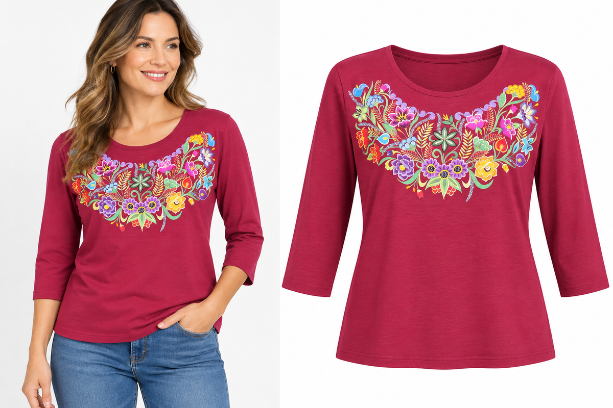 Sabaku Las Flores Huipil 3/4 sleeve Best Tee (413DCRbest) (Deep Crimson)