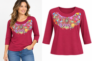 Sabaku Las Flores Huipil 3/4 sleeve Best Tee (413DCRbest) (Deep Crimson)