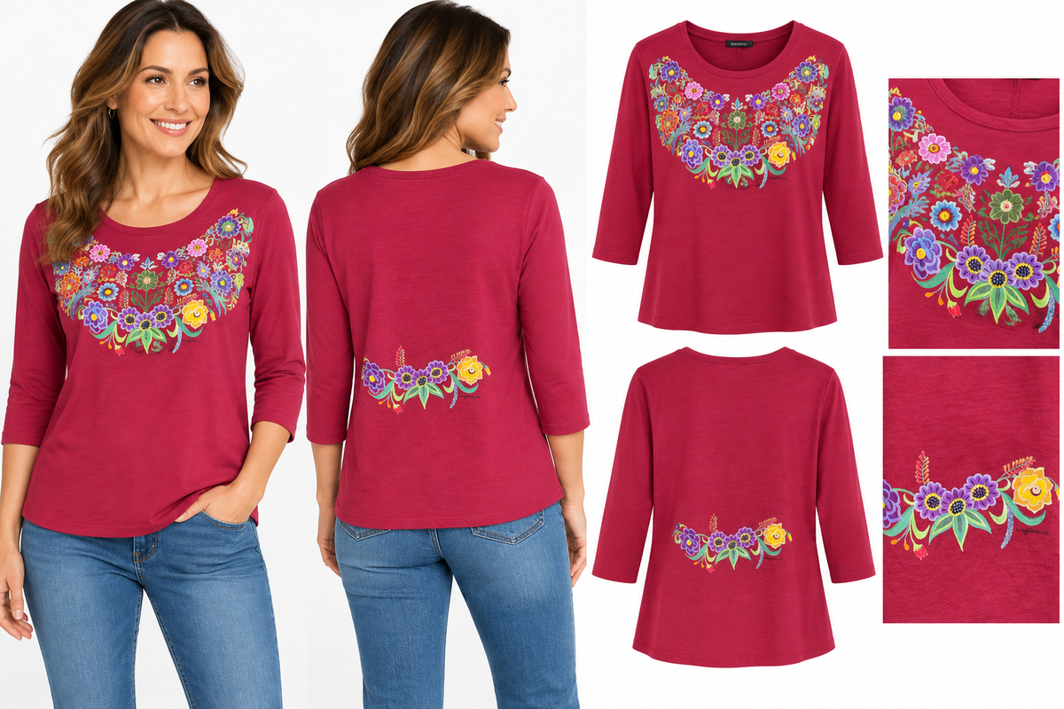 Sabaku Las Flores Huipil 3/4 sleeve Best Tee (413DCRbest) (Deep Crimson)