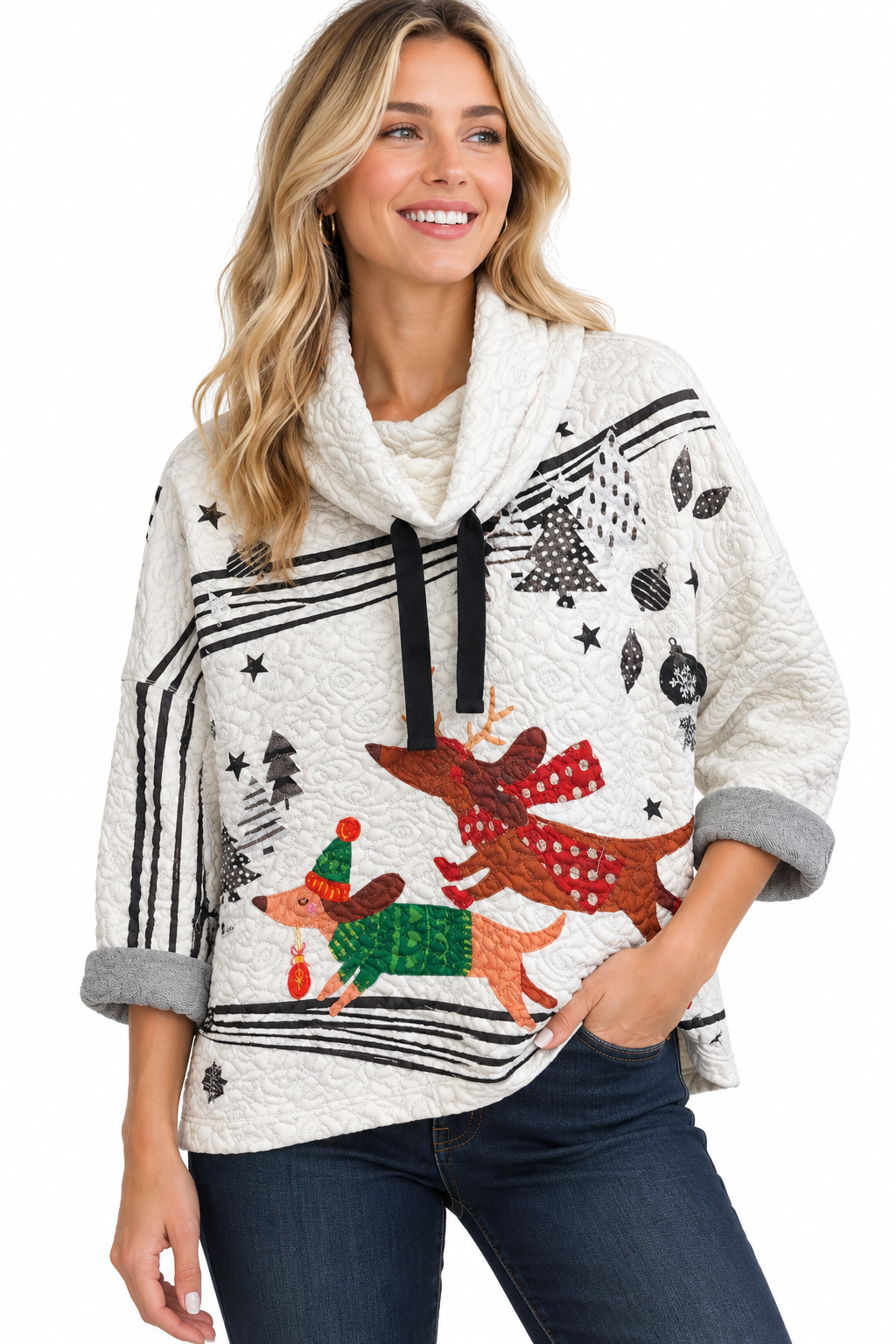Ali Miles Quilted Knit Holiday Doggies Popover Cowl Neck With Drawstring 3/4 Sleeve (A46621TM)