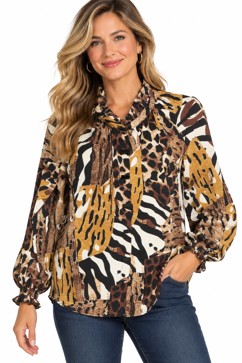 Multiples Woven Shirred Raglan Long Sleeve Ruffle Collar Button Front Shirt (M46210BM) (Multi)