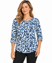 Multiples Knit Tab 3/4 Dolman Sleeve Scoop Neck Faux Button Back Print Top (M46115TM) (Indigo Print)