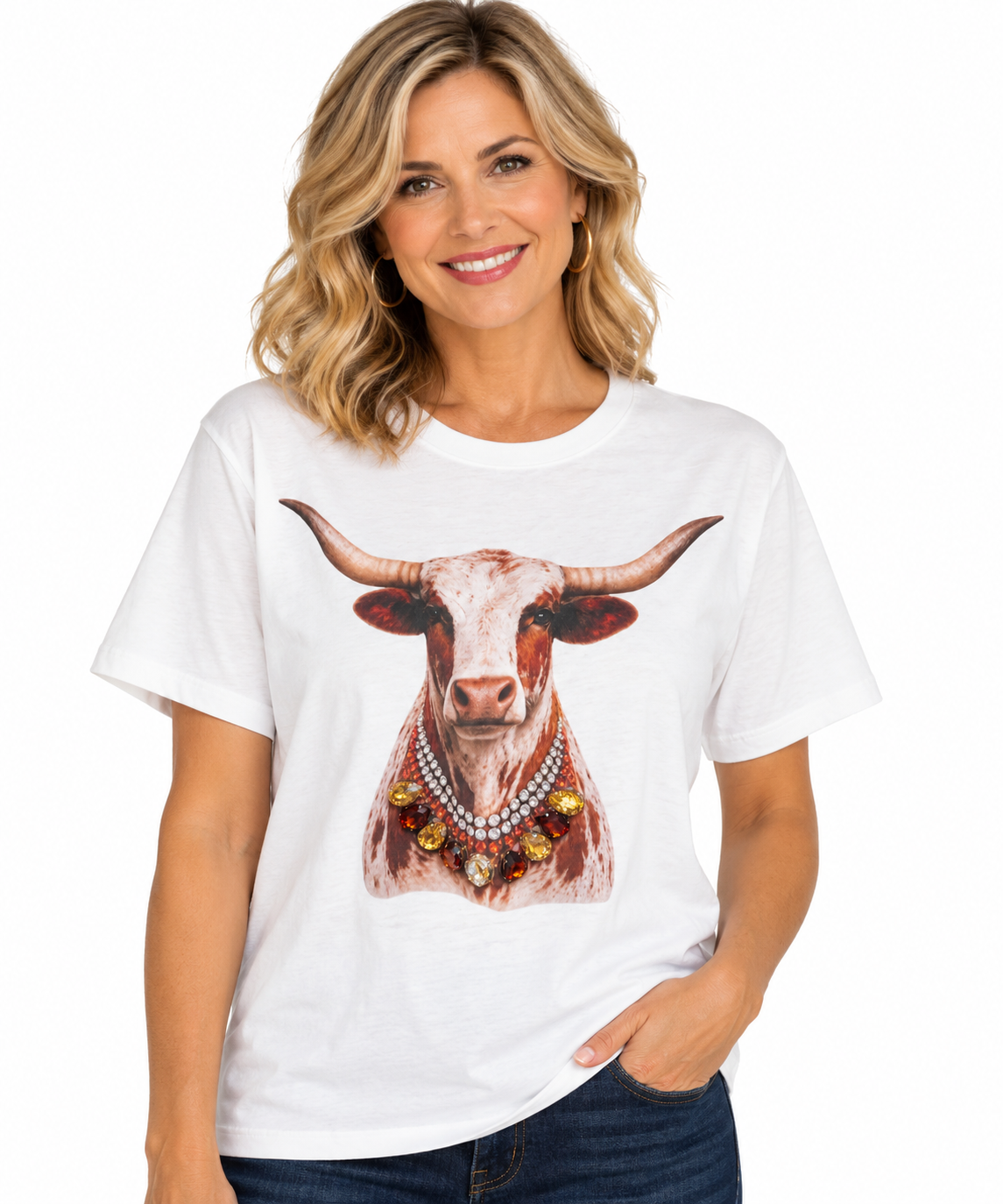 Longhorn with Jeweled Collar Short Sleeve Crew Neck Tee (White)(Blinged  Out )