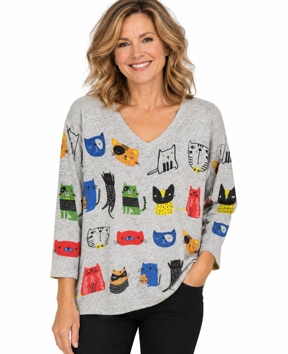 Shana Wool Blend Whimsical Cat  V-neck Sweater (26772) (Pets)