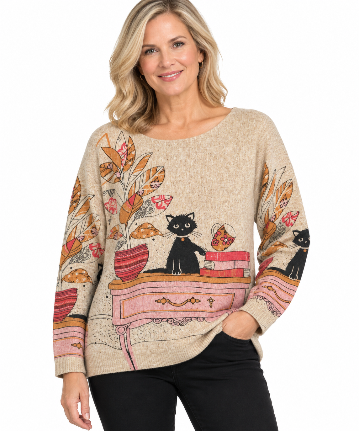 Shana Wool Blend Whimsical Scoop Neck Sweater (26771) (Cat)