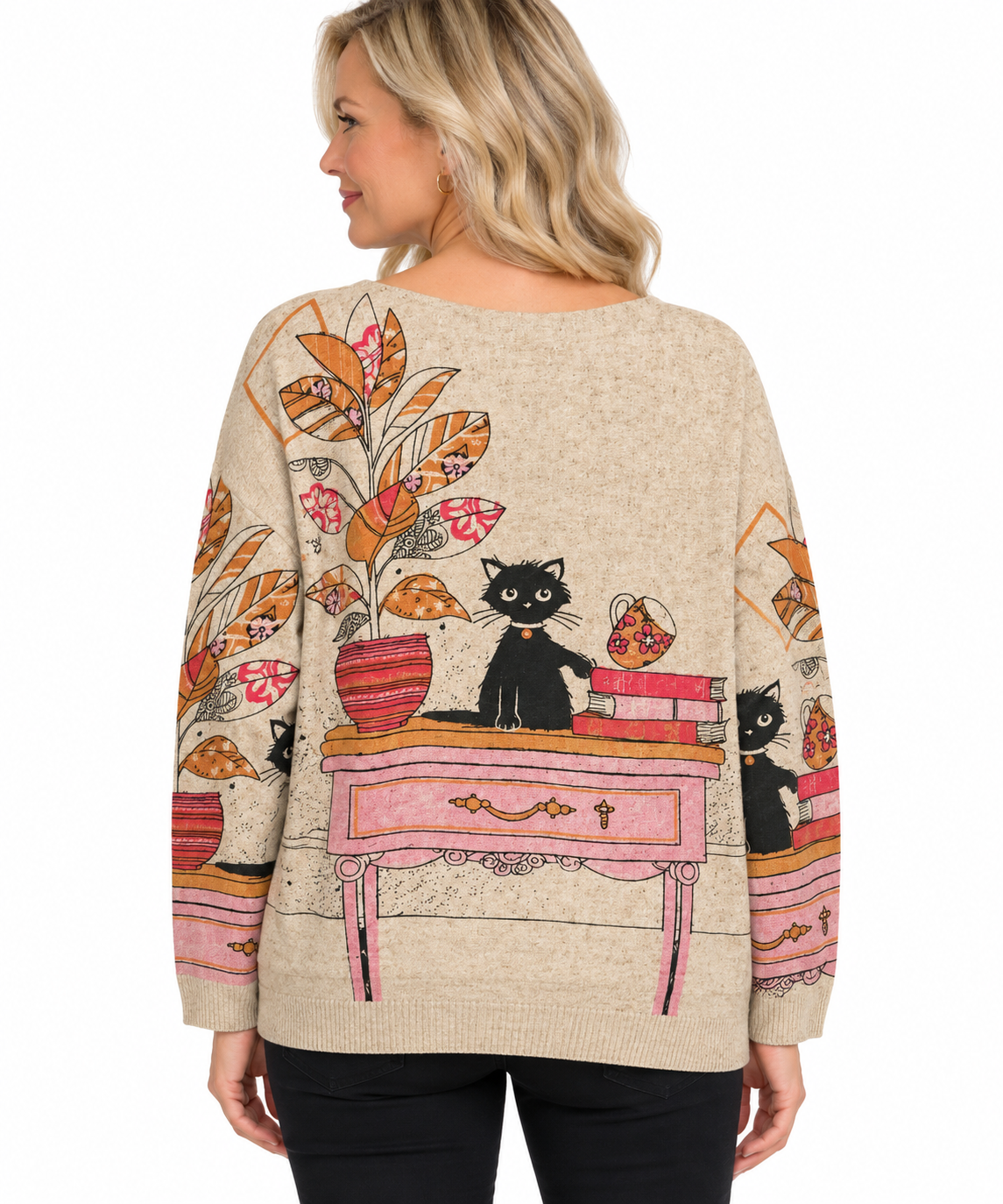 Shana Wool Blend Whimsical Scoop Neck Sweater (26771) (Cat)