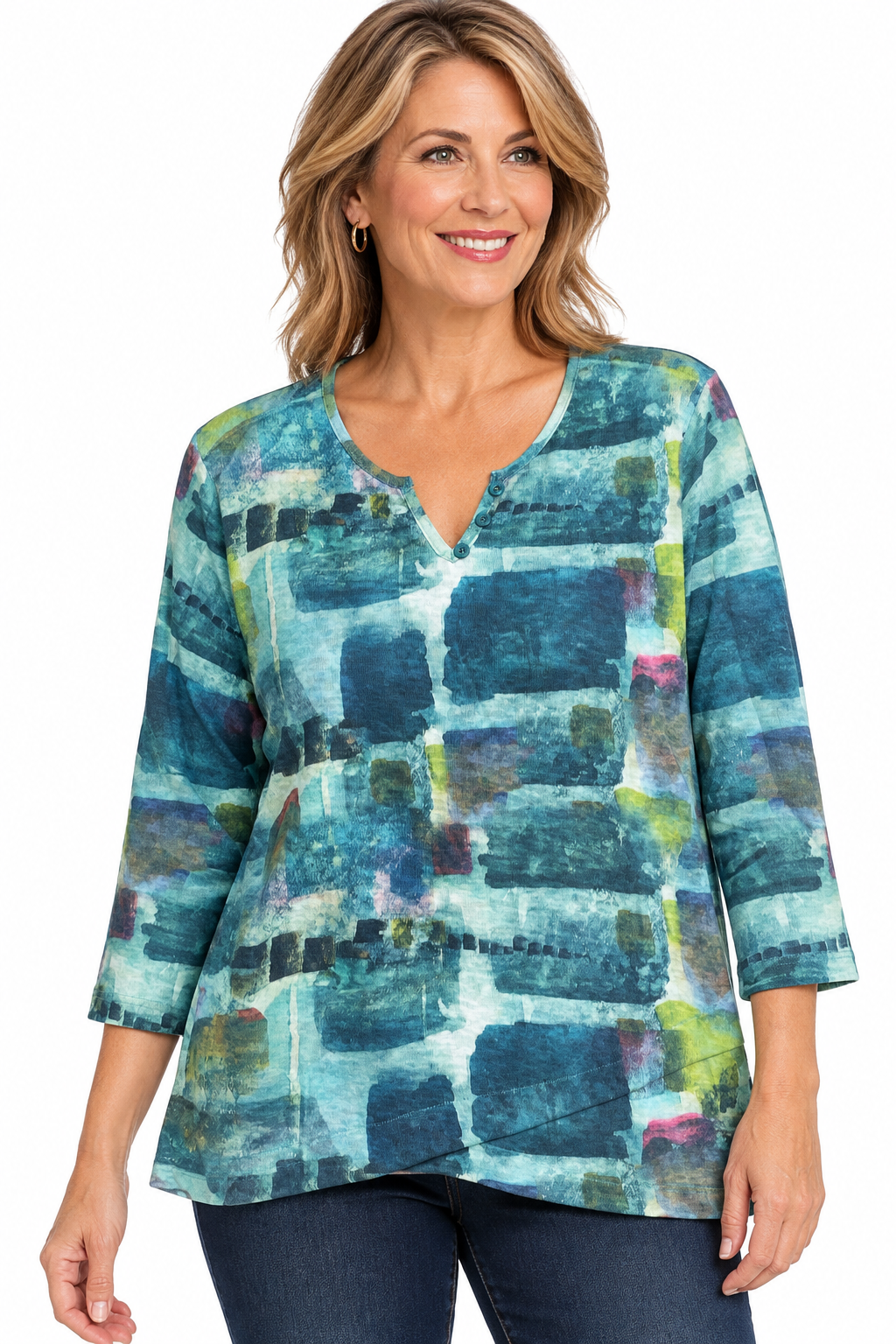 Shana Slub Color Splash  Knit Button Top (26729) (Green)