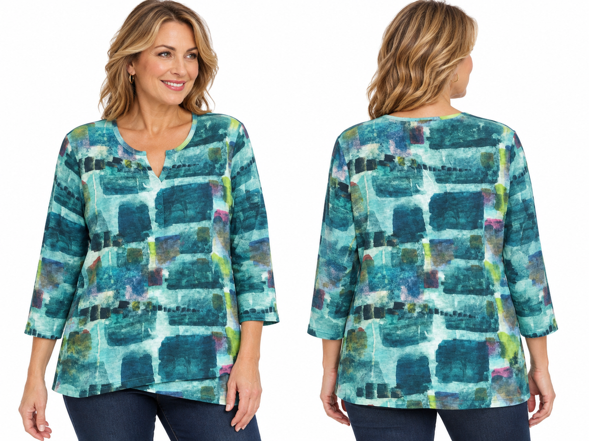 Shana Slub Color Splash  Knit Button Top (26729) (Green)