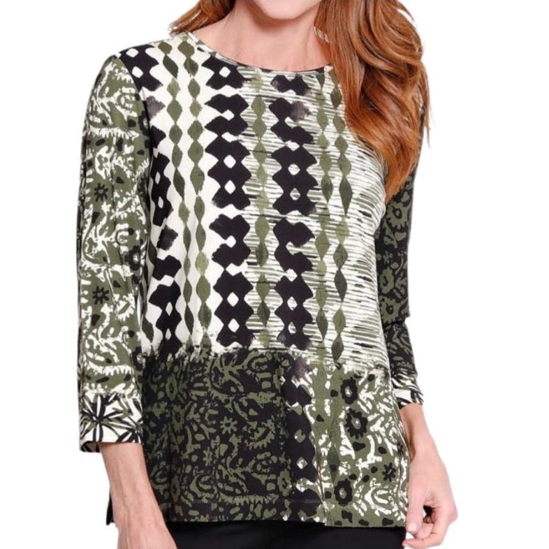 Multiples Petite Scoop Neck Knit Border Print 3/4 Sleeve Popover Top (M36411TM) (Multi)