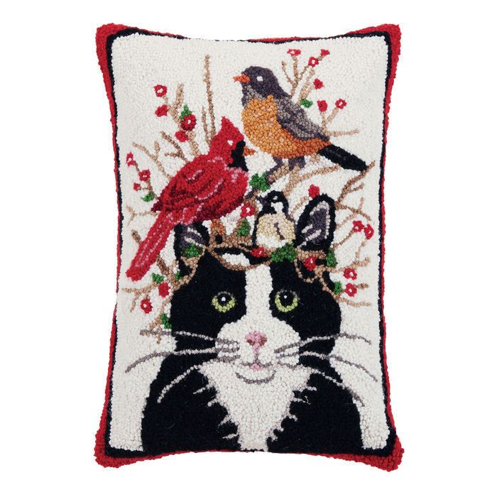 Peking Handicraft Winter Cats & Birds Hook Pillow 14" X 20"