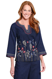 John Mark Embroidered Linen Border Embroidered Tunic (J16226TM)(Navy)