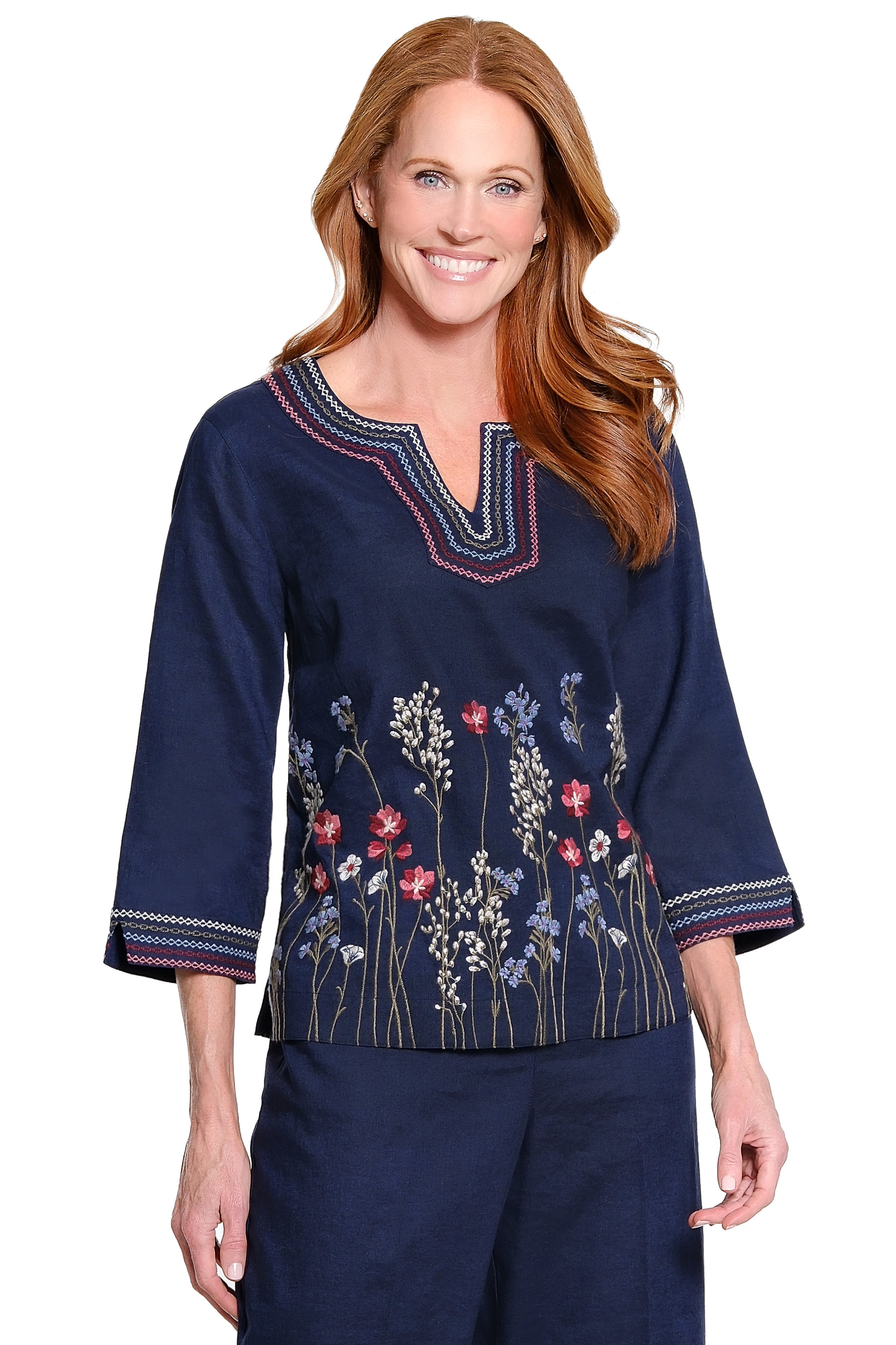 John Mark Embroidered Linen Border Embroidered Tunic (J16226TM)(Navy)