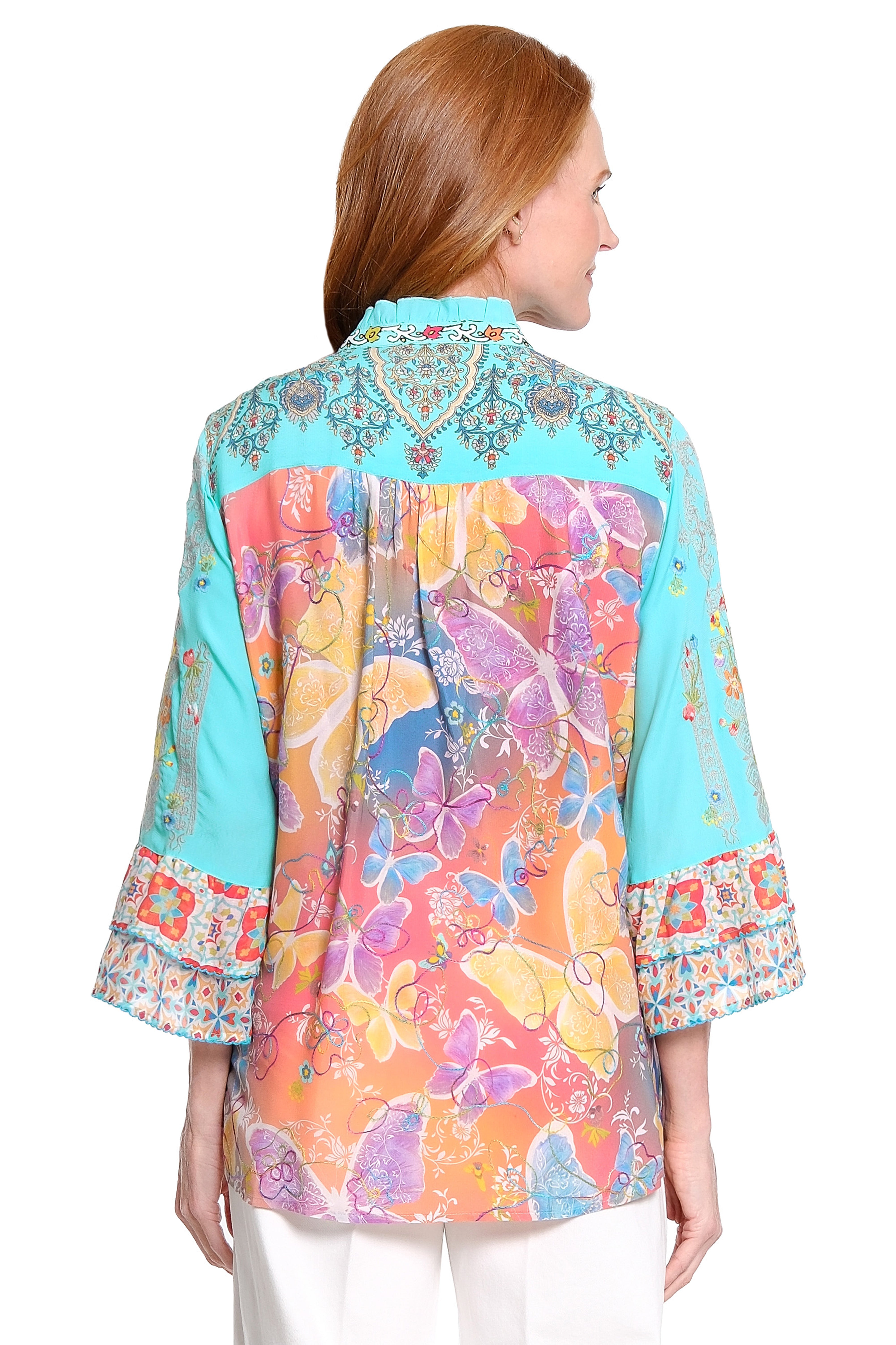 John Mark Embroidered  Front Tunic  Blouse with Print back (J16230BM)(Aqua )