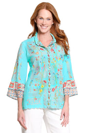 John Mark Embroidered  Front Tunic  Blouse with Print back (J16230BM)(Aqua )