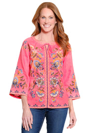 John Mark Embroidered  Linen Tie Front Peasant 3/4 Sleeve Top (Coral)(J16232TM)
