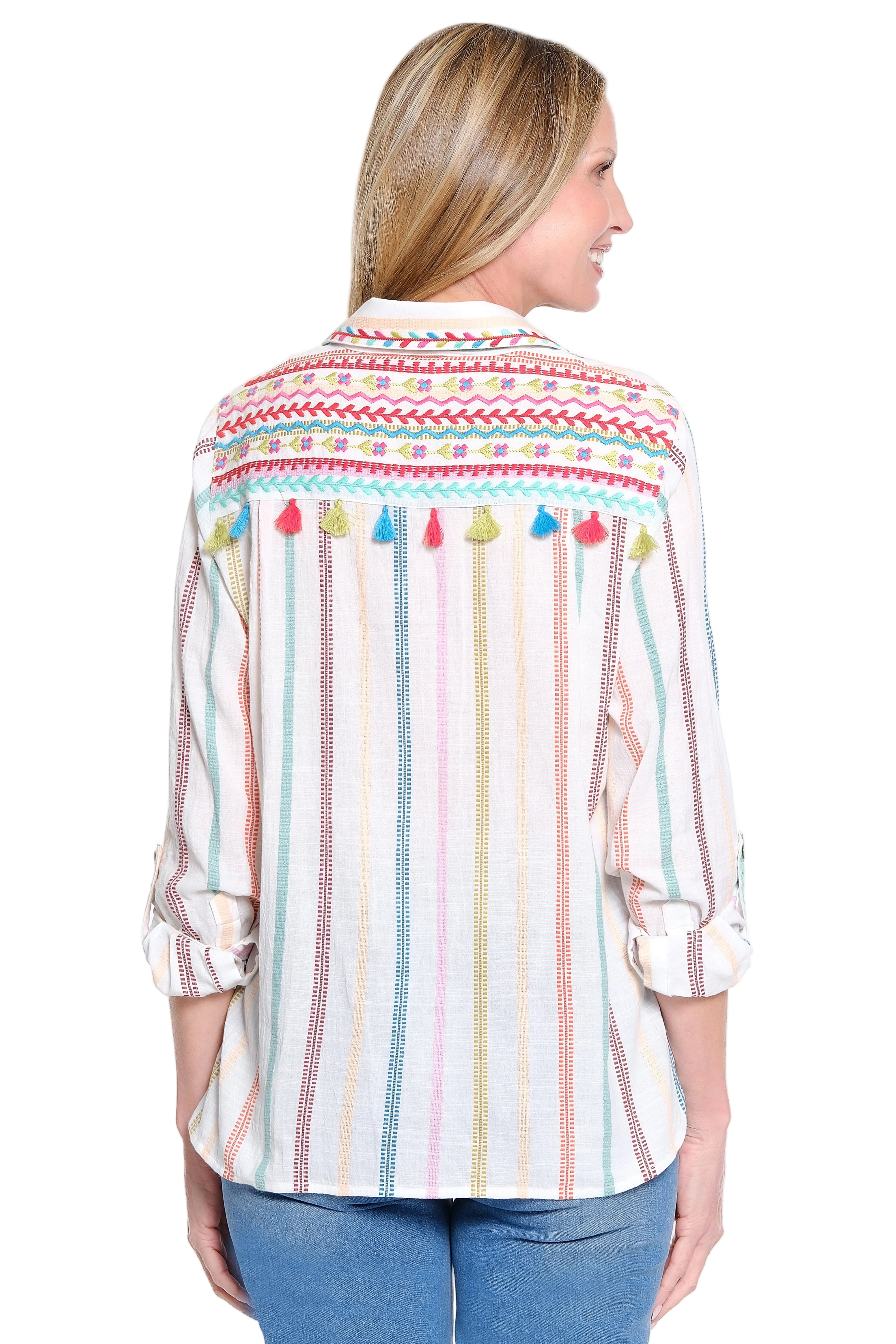 John Mark  Embroidered Button Front Blouse with Roll Tab Sleeves (J16236BM)(OffWhite)